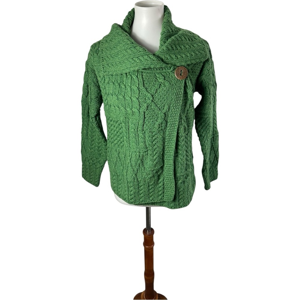 CARRAIG DONN 100% Merino Wool Fisherman 1-Button Cardigan Made In Ireland Size S - Picture 2 of 6